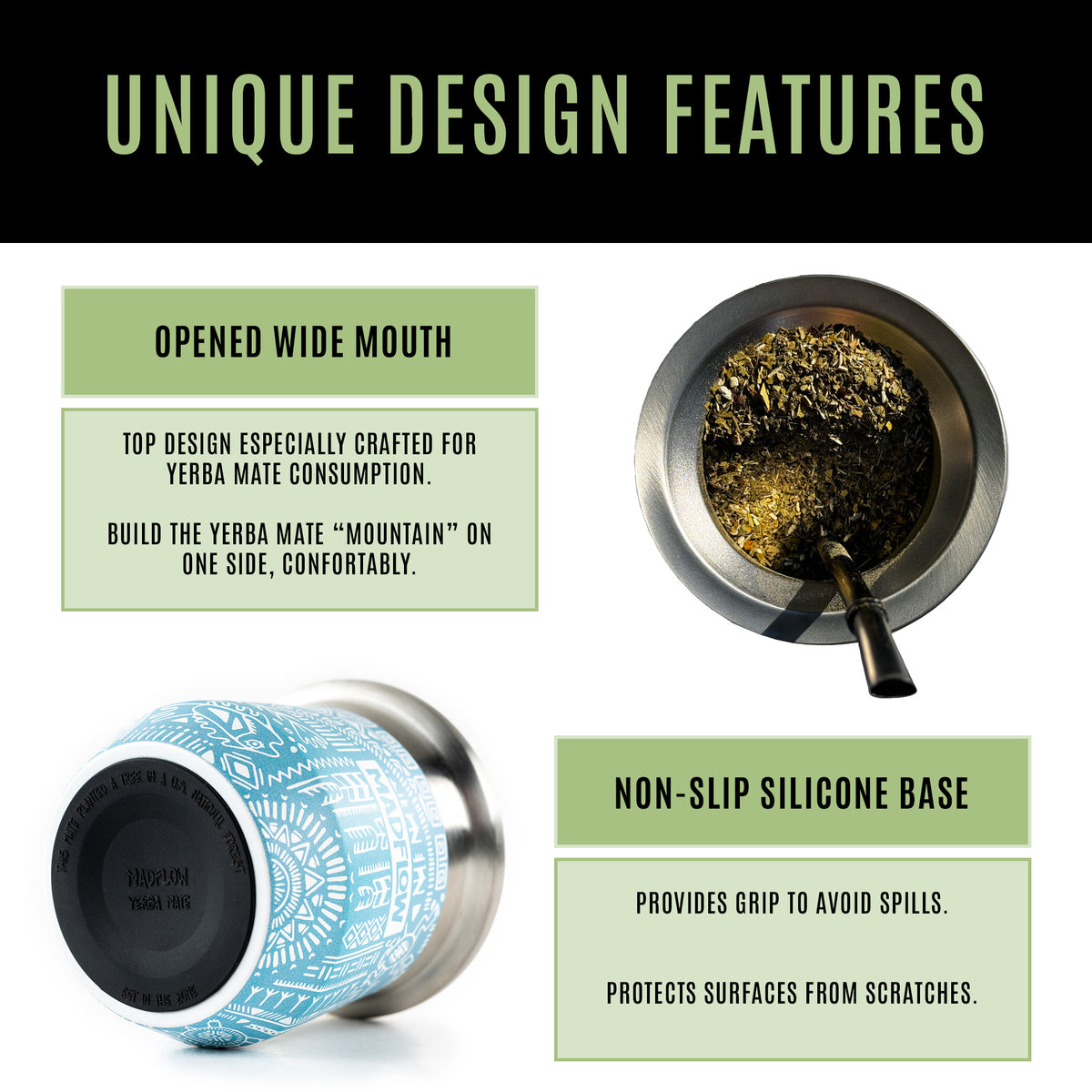 MADFLOW Aztec Blue mate cup design features: opened wide mouth and non-slip silicone base