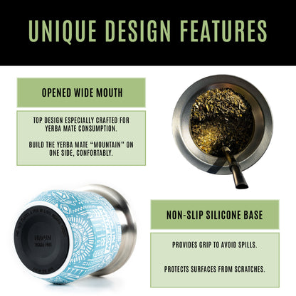 MADFLOW Aztec Blue mate cup design features: opened wide mouth and non-slip silicone base