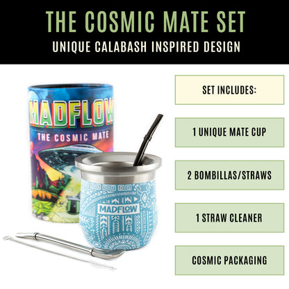 MADFLOW Aztec Blue Cosmic Mate Set: mate cup, 2 bombillas, straw cleaner and cosmic packaging