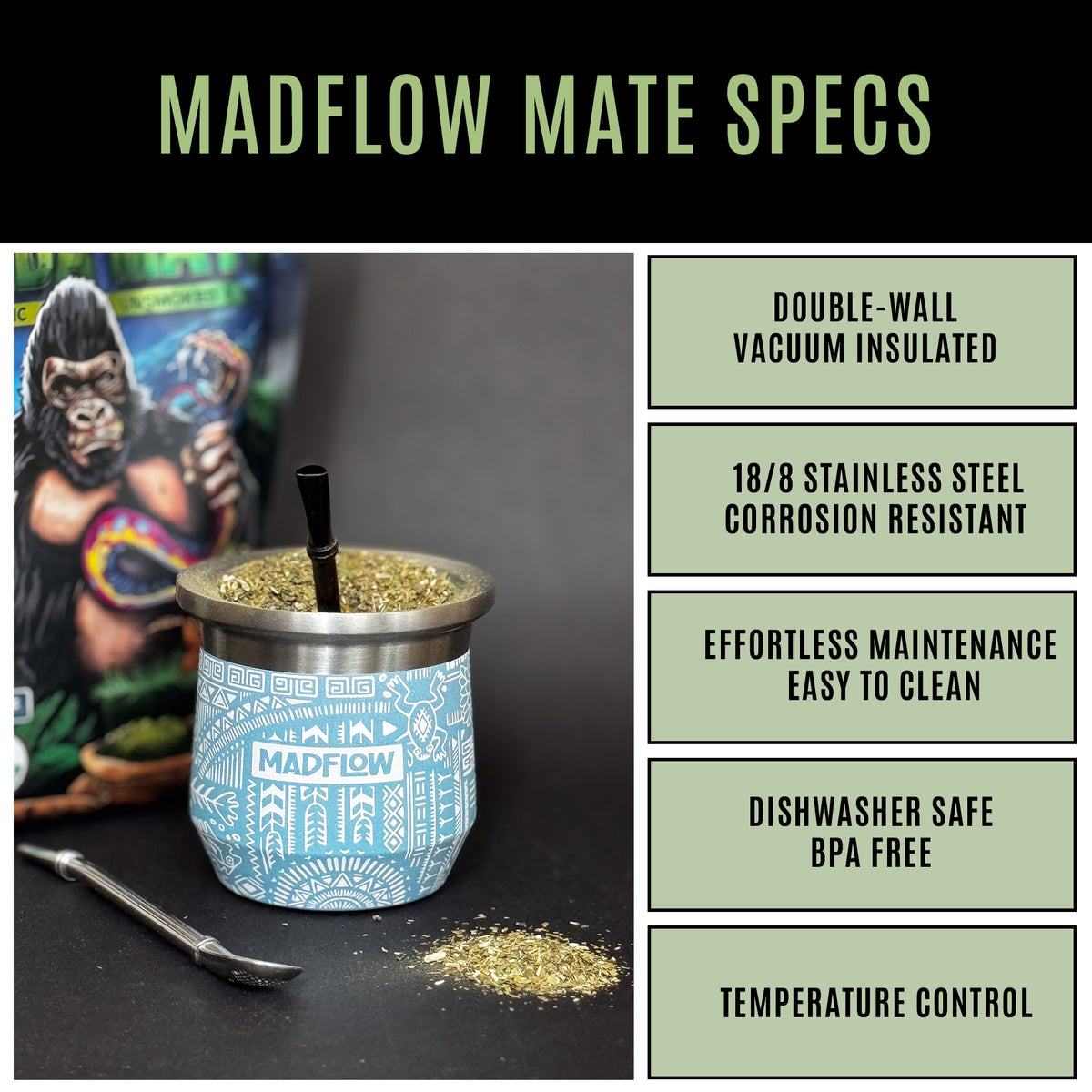 MADFLOW Aztec Blue mate cup specs: double-wall vacuum insulated 18/8 stainless steel