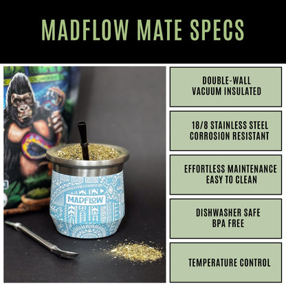 MADFLOW Aztec Blue mate cup specs: double-wall vacuum insulated 18/8 stainless steel
