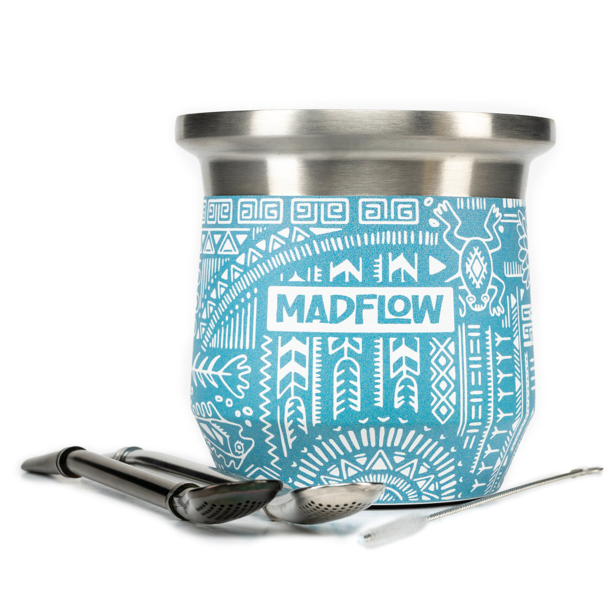 MADFLOW Aztec Blue stainless steel mate cup with two bombillas and cleaning brush