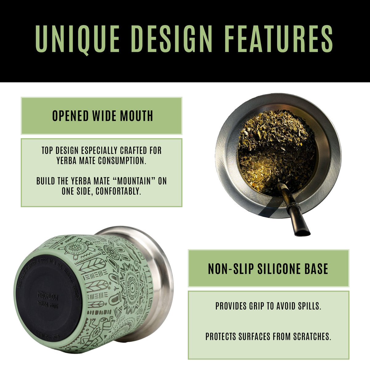MADFLOW Aztec Green mate cup design features: opened wide mouth and non-slip silicone base