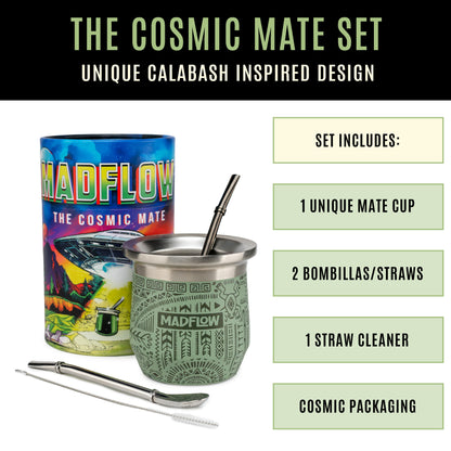 MADFLOW Aztec Green Cosmic Mate Set: mate cup, 2 bombillas, straw cleaner and cosmic packaging