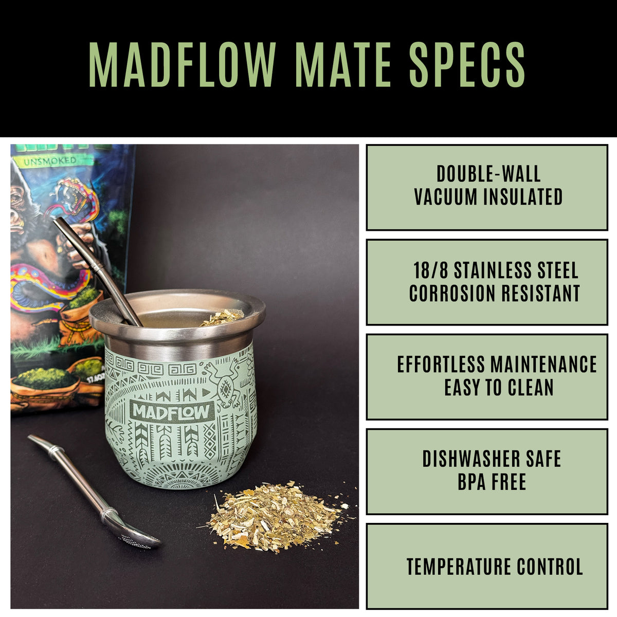 MADFLOW Aztec Green mate cup specs: double-wall vacuum insulated 18/8 stainless steel
