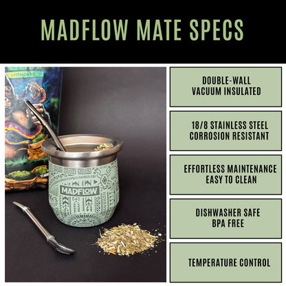 MADFLOW Aztec Green mate cup specs: double-wall vacuum insulated 18/8 stainless steel