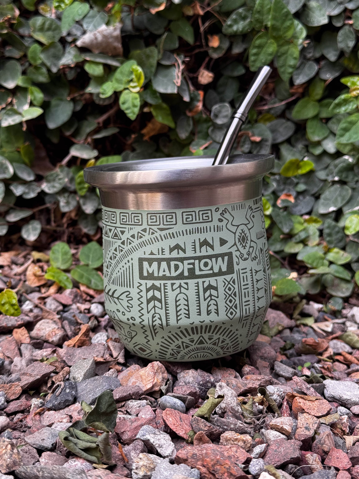 MADFLOW Aztec Green mate cup with yerba outdoors on gravel
