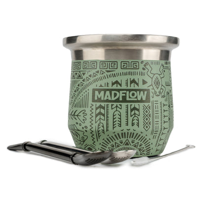 MADFLOW Aztec Green stainless steel mate cup with two bombillas and cleaning brush