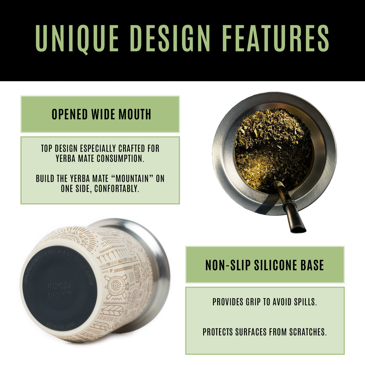 MADFLOW Aztec Sand mate cup design features: opened wide mouth and non-slip silicone base