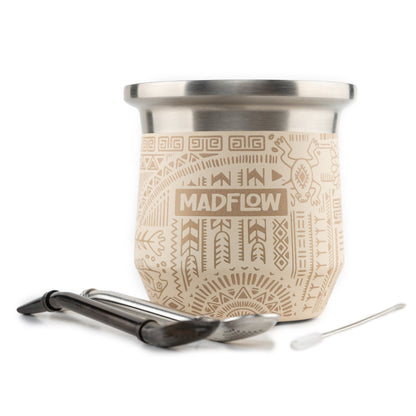 MADFLOW Aztec Sand stainless steel mate cup with two bombillas and cleaning brush