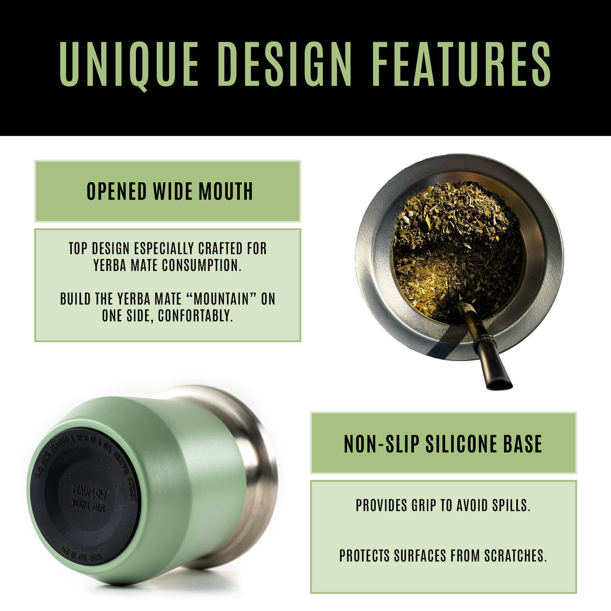 MADFLOW Forest Green mate cup design features: opened wide mouth and non-slip silicone base