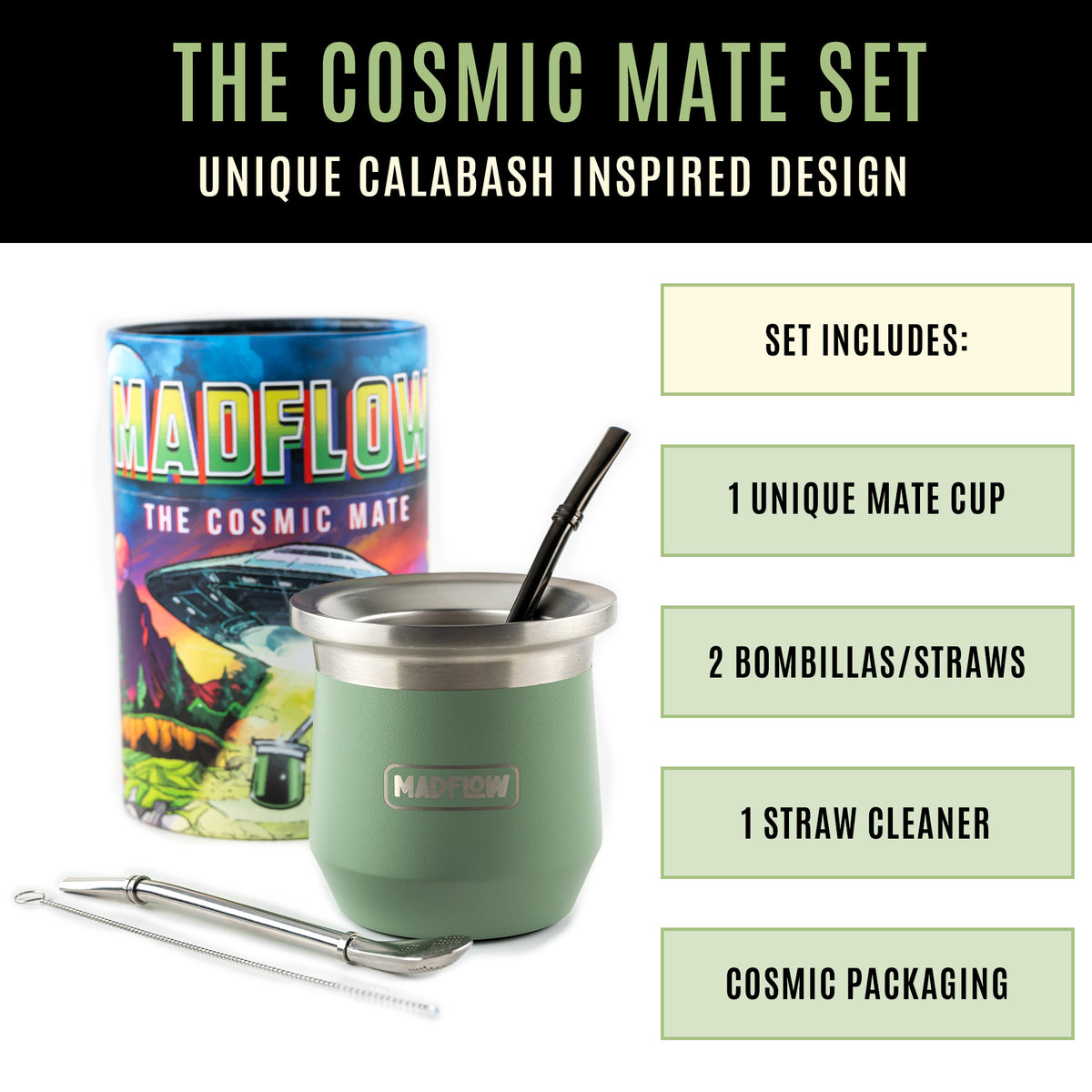 MADFLOW Forest Green Cosmic Mate Set: mate cup, 2 bombillas, straw cleaner and cosmic packaging