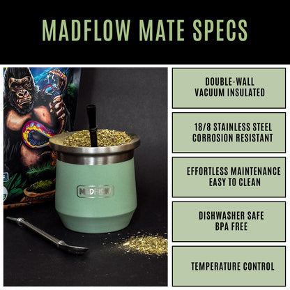 MADFLOW Forest Green mate cup specs: double-wall vacuum insulated 18/8 stainless steel