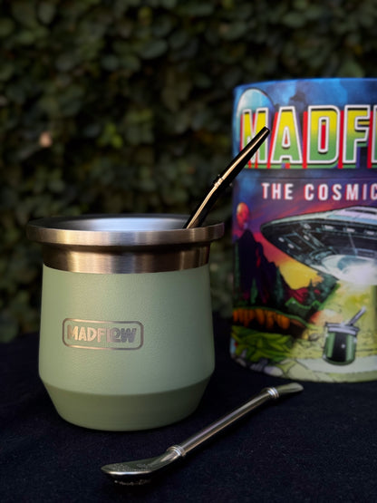 MADFLOW Forest Green mate cup filled with yerba next to the loose leaf bag