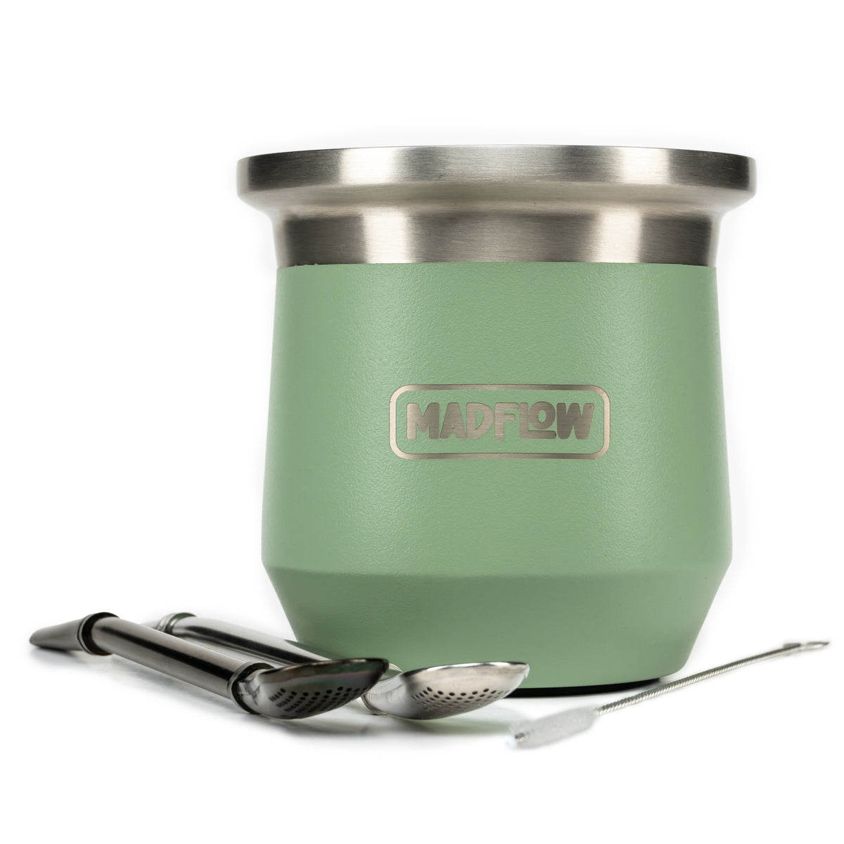 MADFLOW Forest Green stainless steel mate cup with two bombillas and cleaning brush