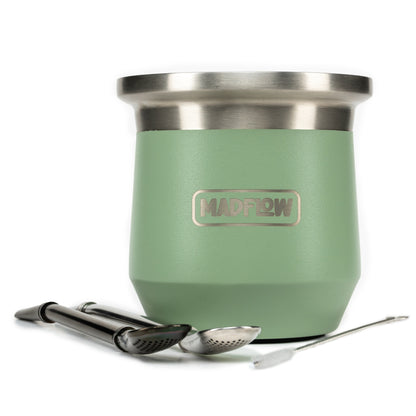 MADFLOW Forest Green stainless steel mate cup with two bombillas and cleaning brush