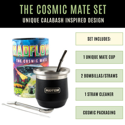 MADFLOW Midnight Black Cosmic Mate Set: mate cup, 2 bombillas, straw cleaner and cosmic packaging