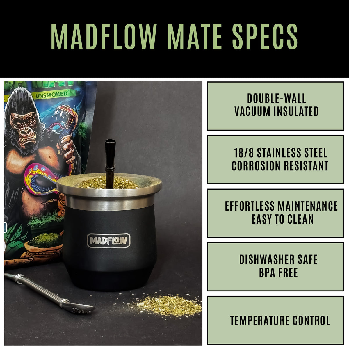 MADFLOW Midnight Black mate cup specs: double-wall vacuum insulated 18/8 stainless steel