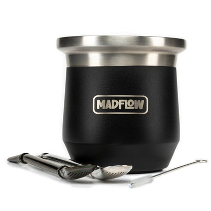 MADFLOW Midnight Black stainless steel mate cup with two bombillas and cleaning brush