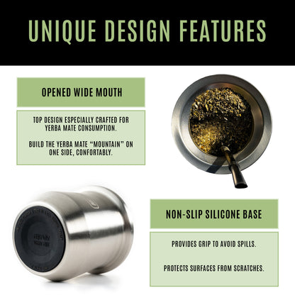 MADFLOW Polished Steel mate cup design features: opened wide mouth and non-slip silicone base