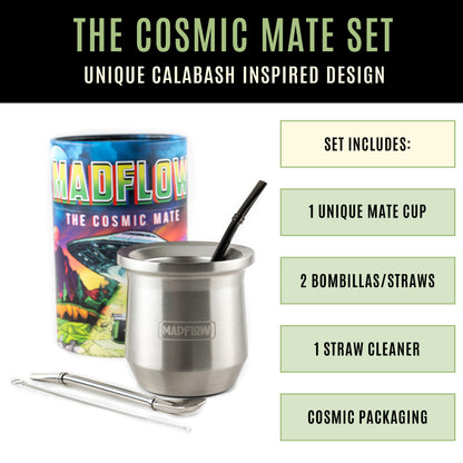 MADFLOW Polished Steel Cosmic Mate Set: mate cup, 2 bombillas, straw cleaner and cosmic packaging