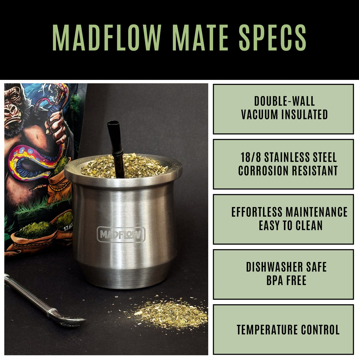 MADFLOW Polished Steel mate cup specs: double-wall vacuum insulated 18/8 stainless steel