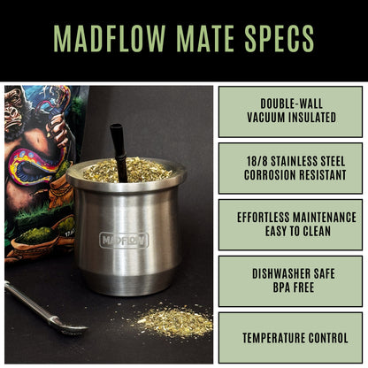 MADFLOW Polished Steel mate cup specs: double-wall vacuum insulated 18/8 stainless steel