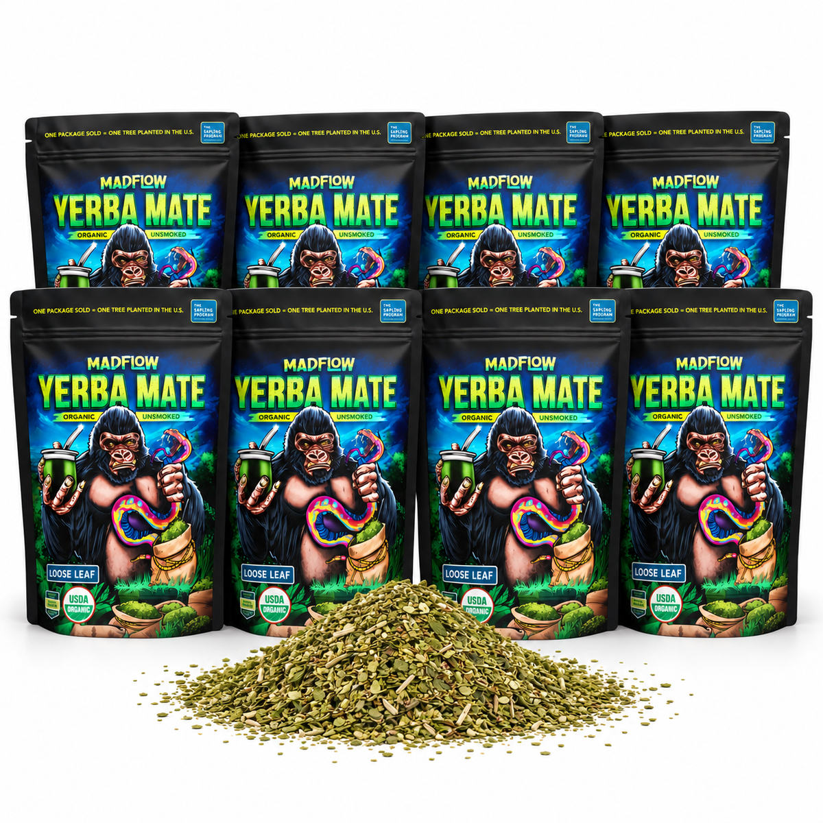 8-pack of MADFLOW organic unsmoked loose leaf yerba mate pouches with fresh green yerba leaves