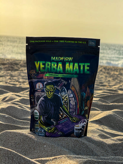 MADFLOW yerba mate tea bags pack on the beach, full resolution